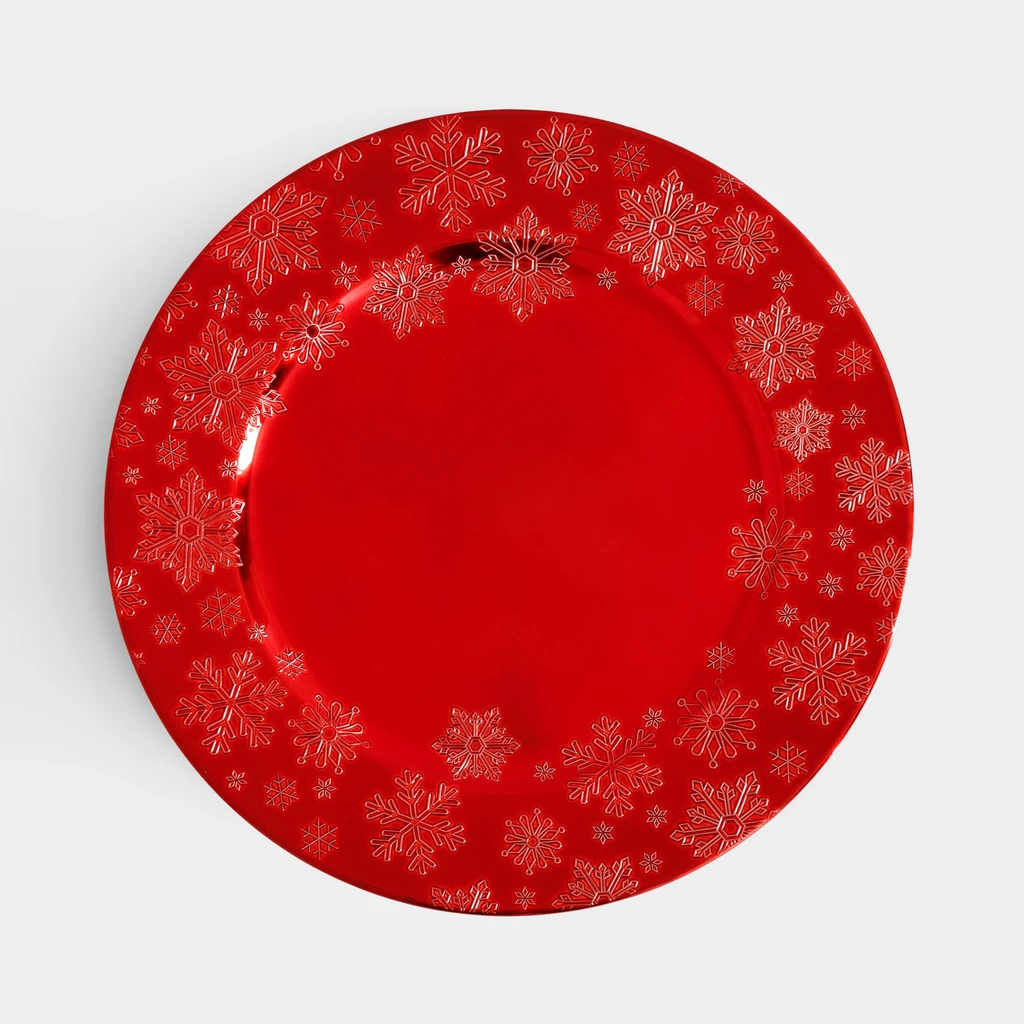 Dekorační talíř podtalíř červený se sněhovými vločkami 33 cm