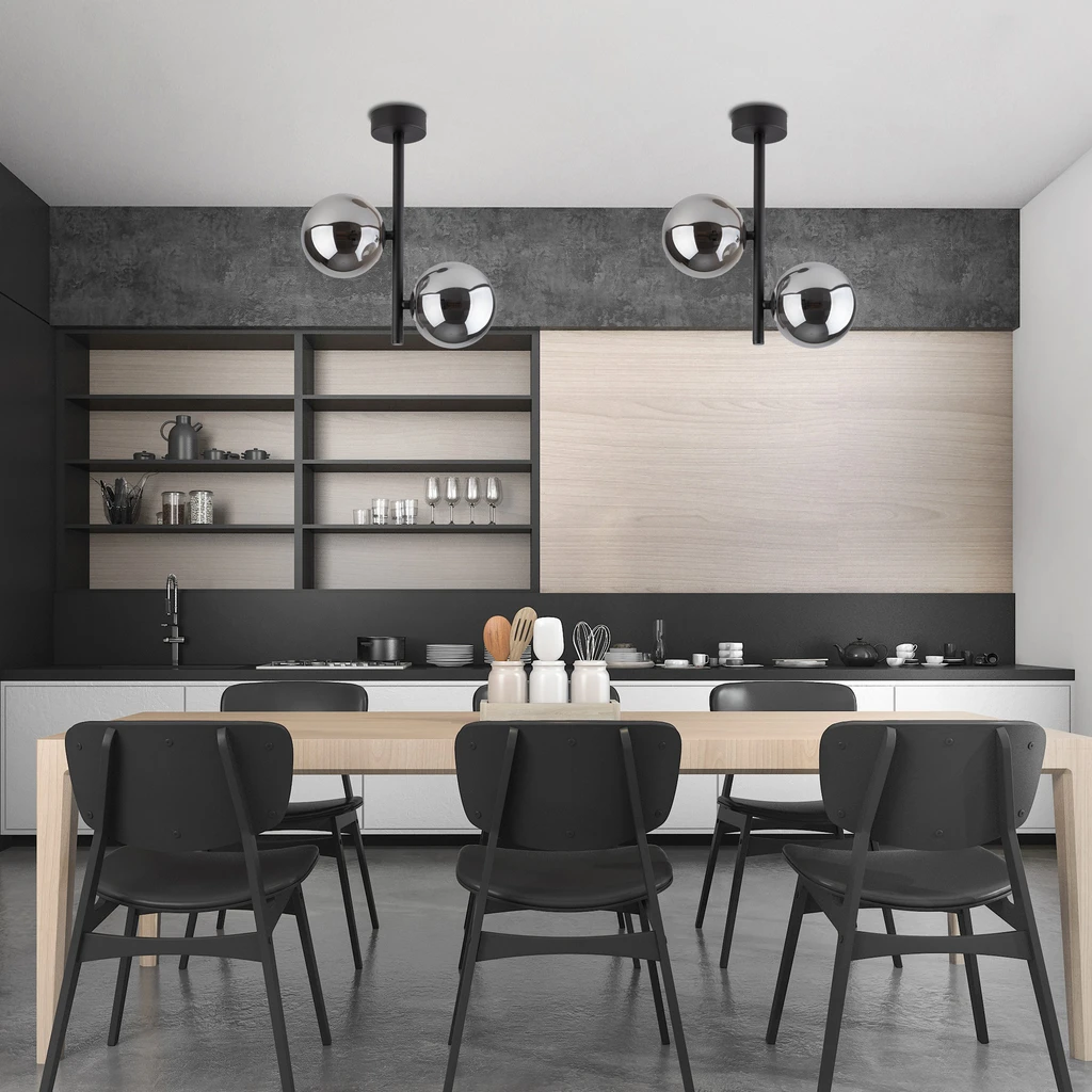 Czarne, matowe wykończenie metalowych elementów lampy świetnie współpracuje z meblami w odcieniach nowoczesnej bieli i szarości, naturalnego drewna i zawsze eleganckiej czerni.