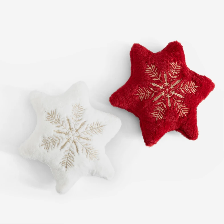 Vánoční červený polštář ve tvaru hvězdy se sněhovou vločkou STAR 35x35 cm