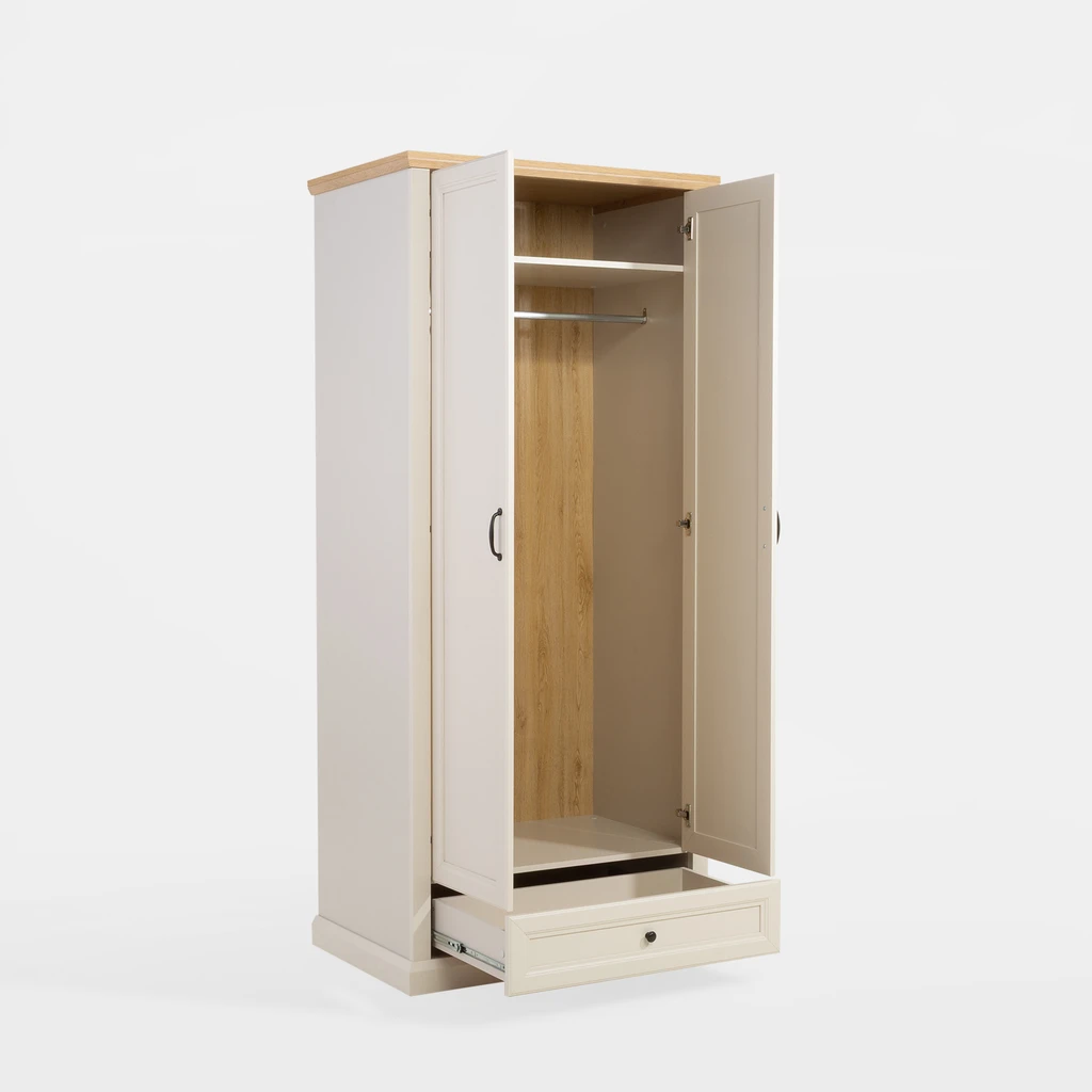 Otwarta szafa z widocznym drążkiem i półką, oraz szufladą w dolnej części mebla