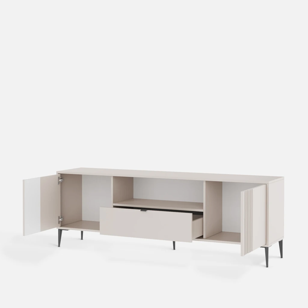 Jasna szafka RTV z szufladą i wnęką – miejsce na sprzęt, akcesoria i drobiazgi w lekkiej formie.