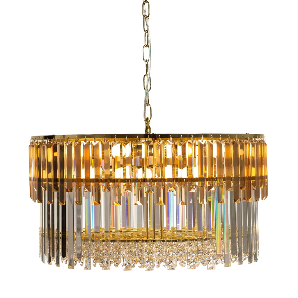 CAMILLE to lampa wisząca o złotym wykończeniu do salonu glamour. Posiada oprawę dla 16 żarówek typu E14 i mocy maksymalnej 40W.