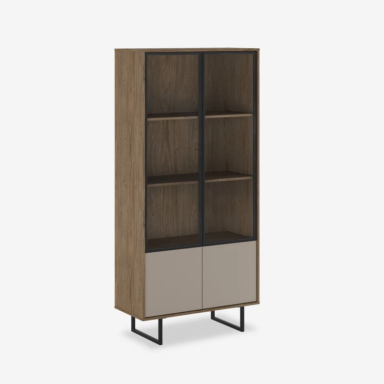 Witryna w kolorze drewna, z szarym frontem i podwójną witryną, na metalowych płozach