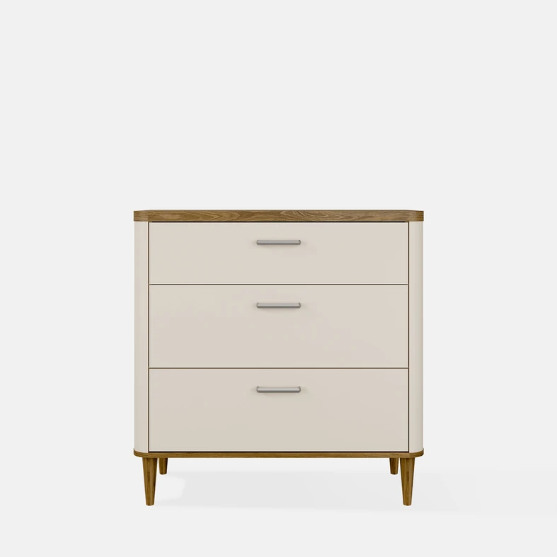 Beżowa komoda z szufladami, z blatem i nóżkami w kolorze ciepłego drewna