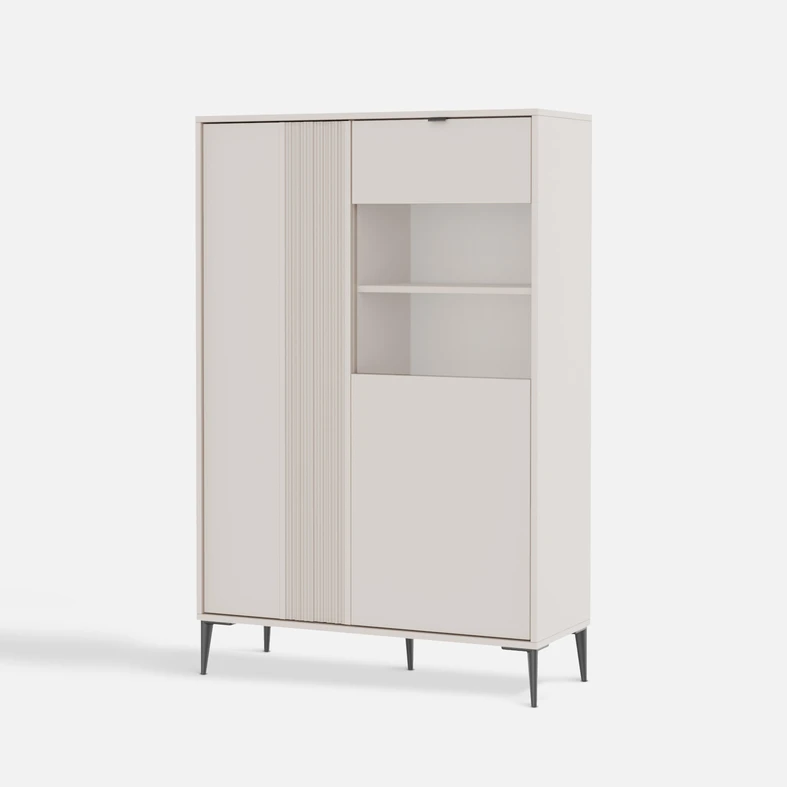 Witryna niska INERTIA kaszmir Jasna witryna INERTIA – półki, szafka i przeszklony front tworzą praktyczny i estetyczny mebel.