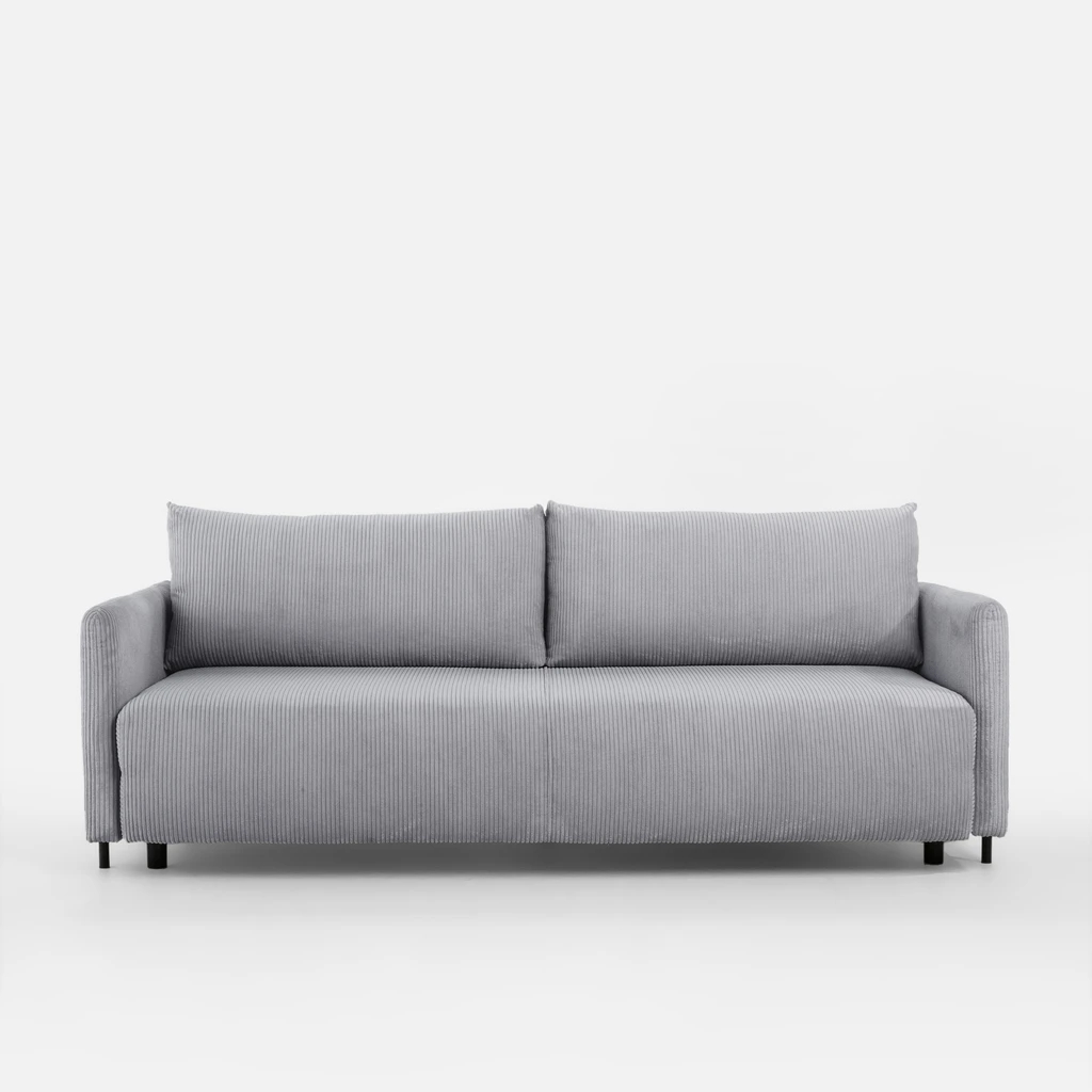 Jasnoszara sofa z prostokątnymi poduszkami i funkcją spania.