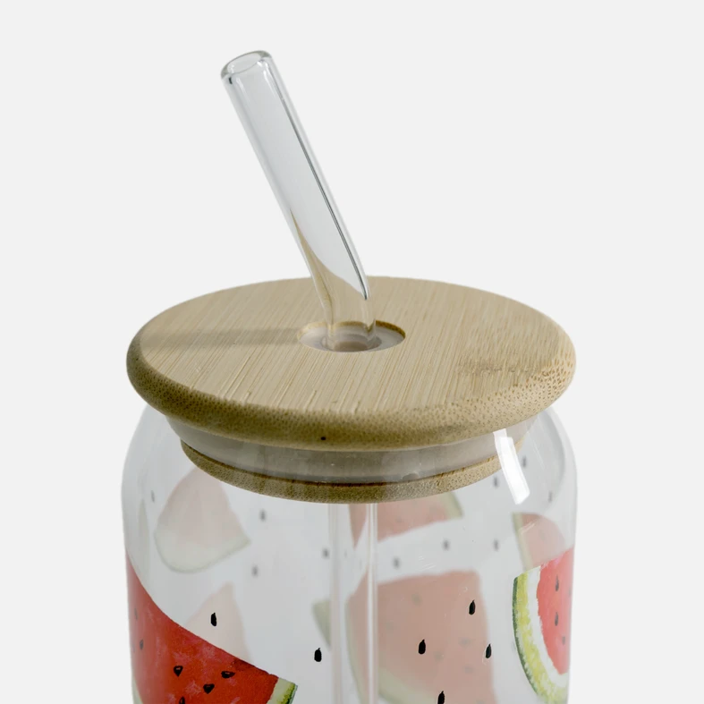 Sklenice s bambusovým víčkem a brčkem MELOUNY 500 ml