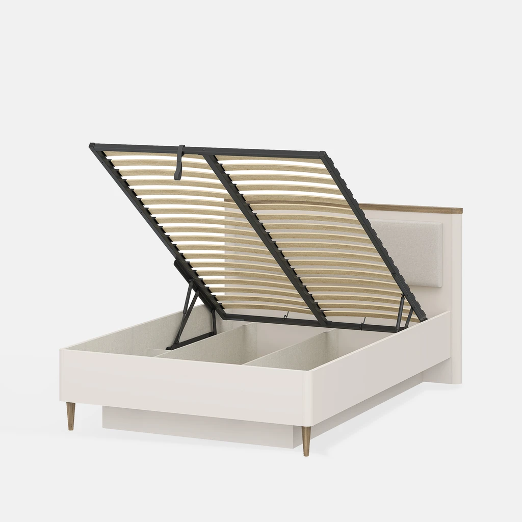 Podniesiony stelaż łóżka z widocznym pojemnikiem w ramie