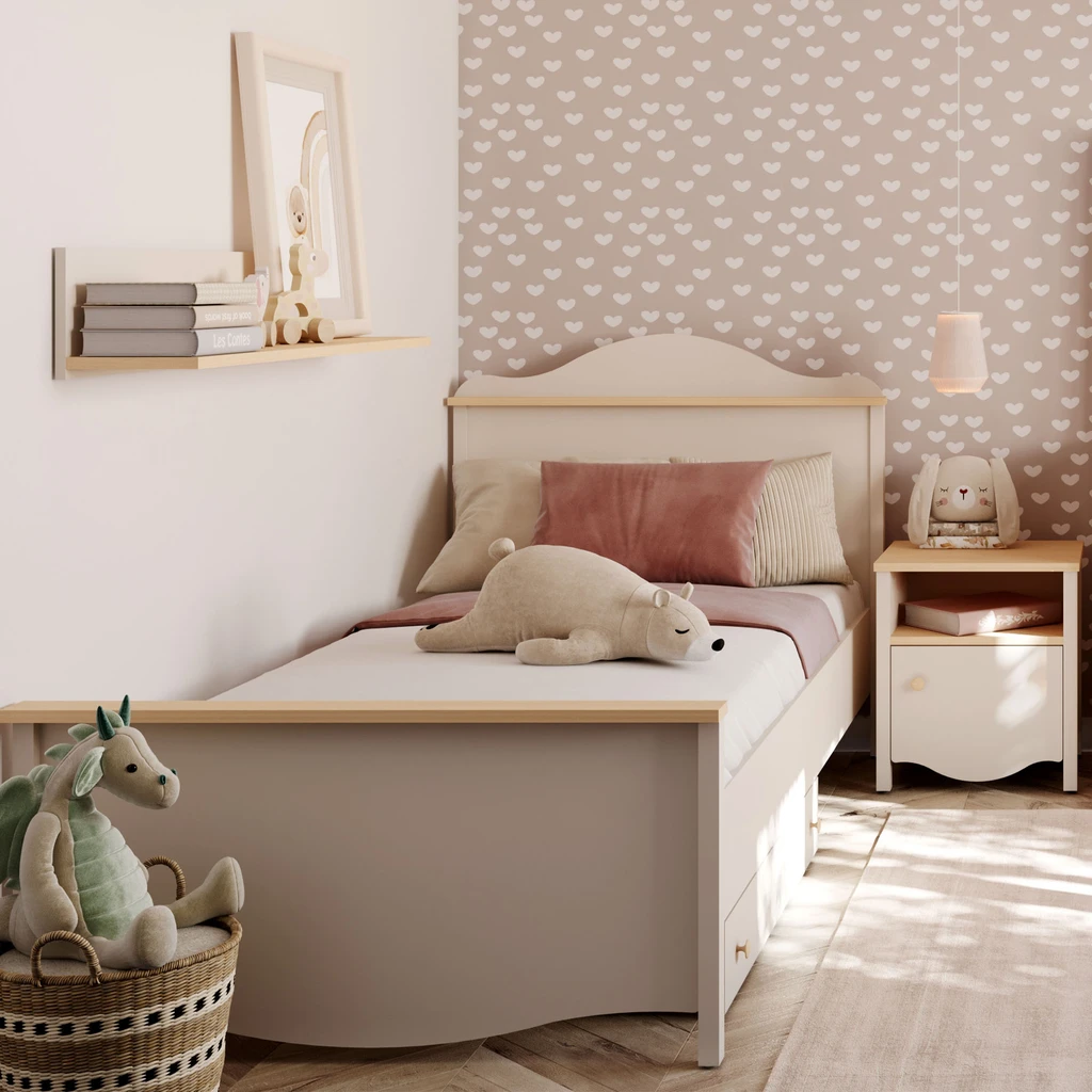 Aranżacja nowoczesnego pomieszczenia z beżowym łóżkiem.