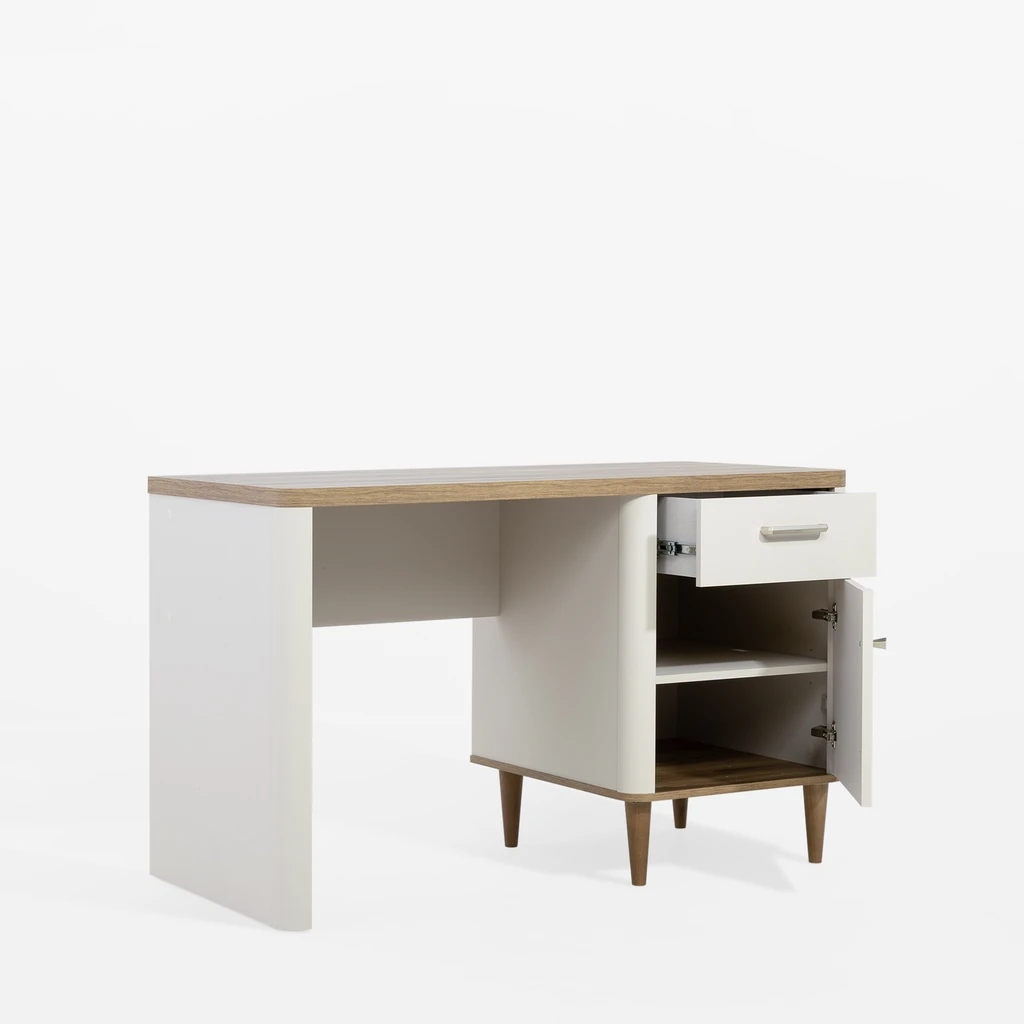 Otwarta szafka i szuflada, ukazujące wnętrze biurka