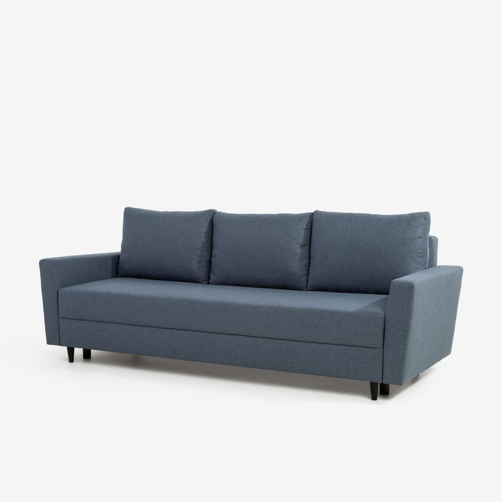 Rozkładana sofa niebieska z czarnymi nóżkami