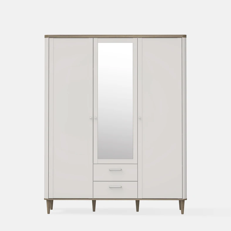 Beżowa szafa trzydrzwiowa z elementami w kolorze ciepłego drewna i lustrem na środkowym froncie