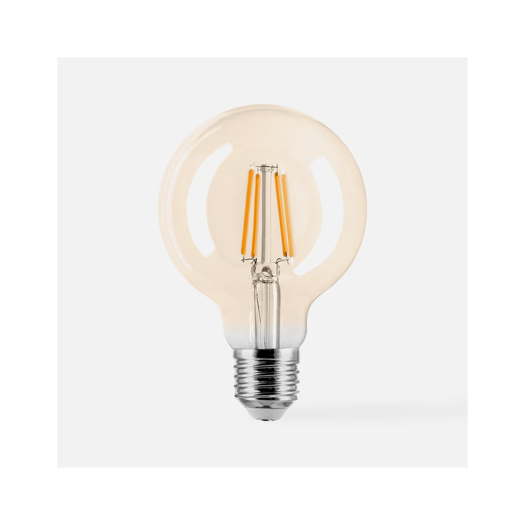 ORO-AMBER-E27-G80-4W-WW posiada głowicę w odcieniu bursztynu i widoczne filamenty.