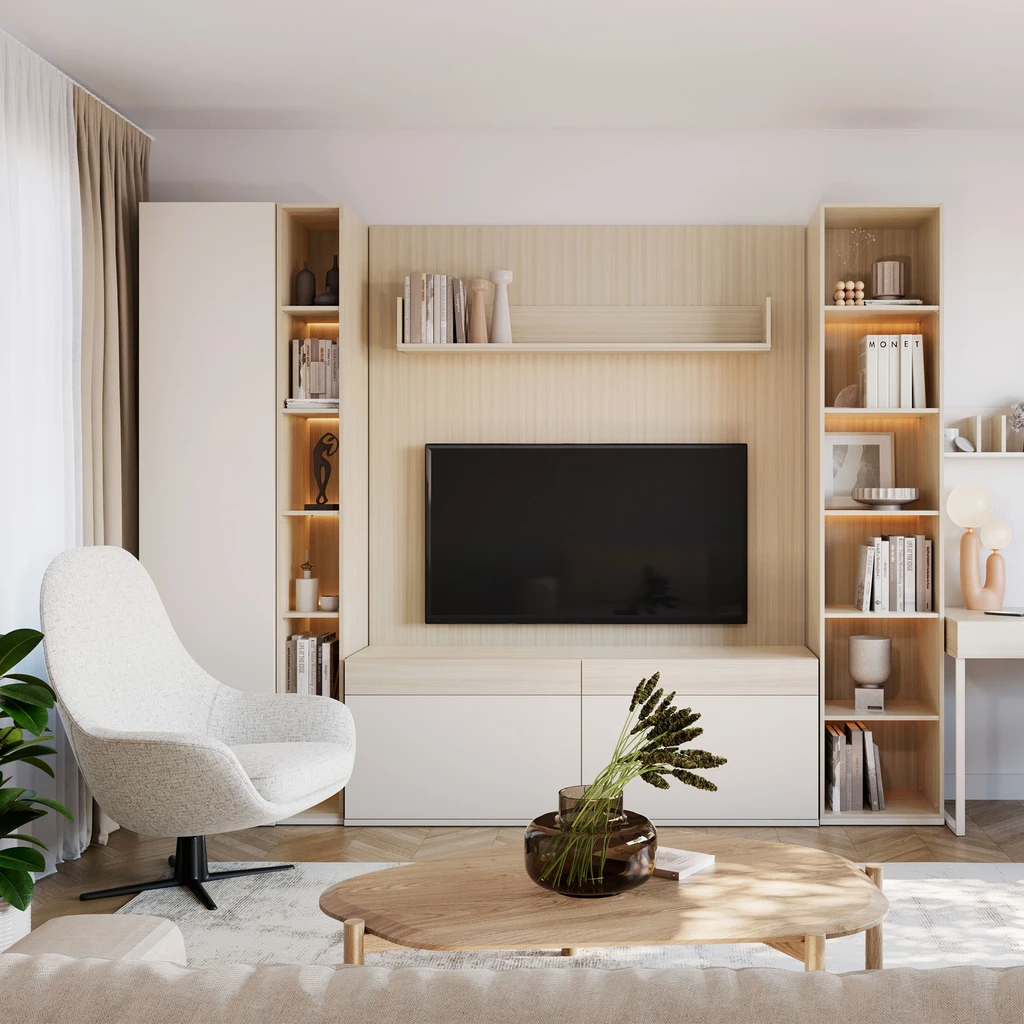 Aranżacja salonu z regałem o szerokości 46 cm