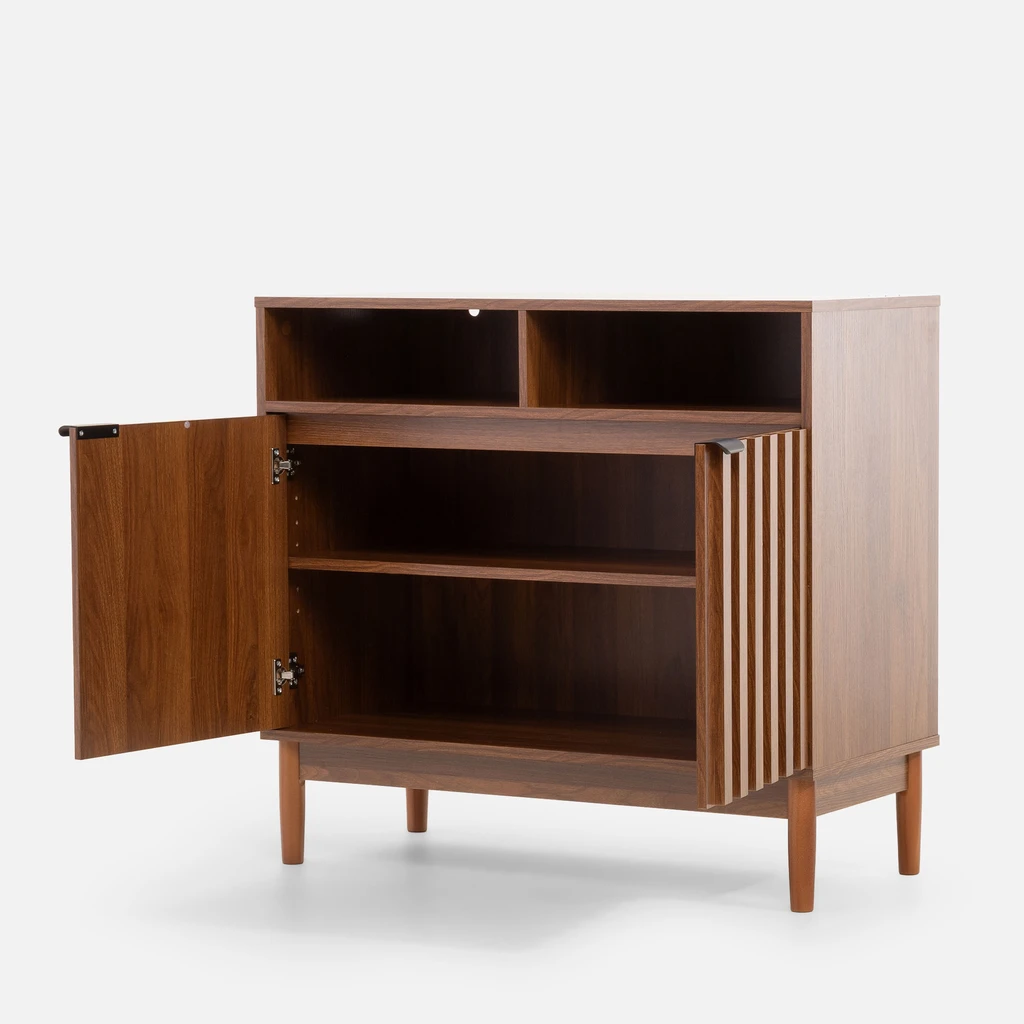 Otwarta szafka komody z widocznym wnętrzem, dwoma szerokimi półkami