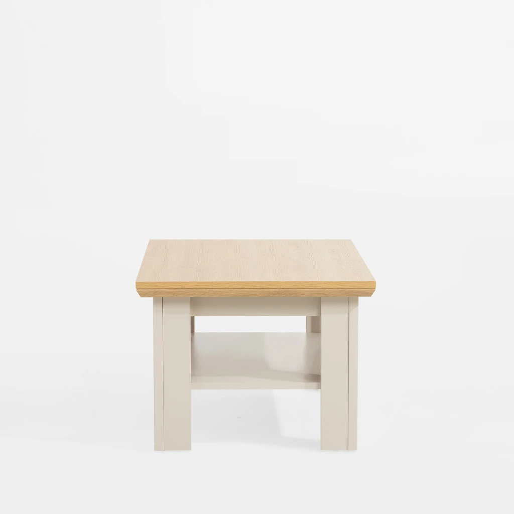 Kaszmirowy stolik prostokątny, z blatem w kolorze drewna - bok