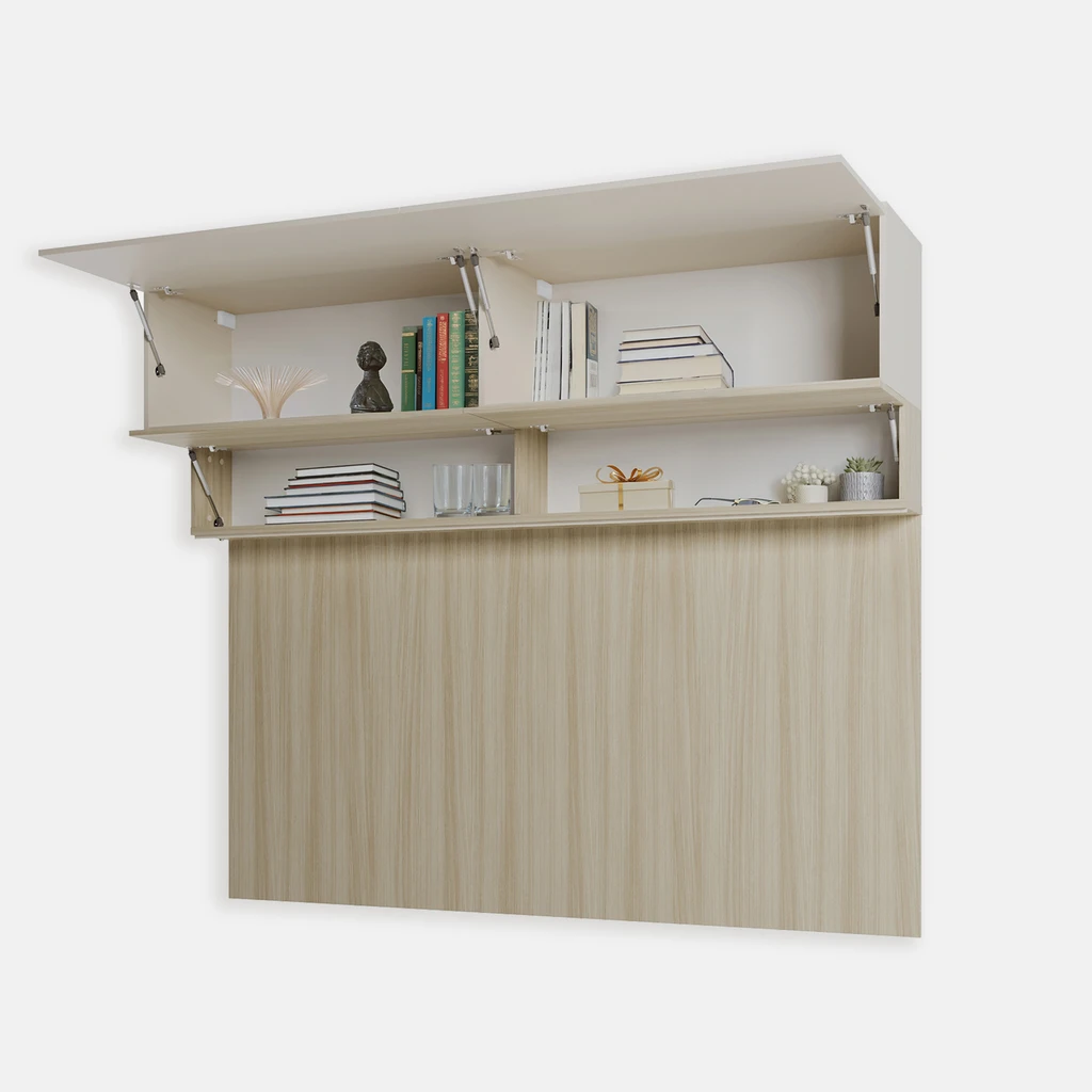 Otwarte szafki klapowe z widocznym wnętrzem z drobnymi przedmiotami