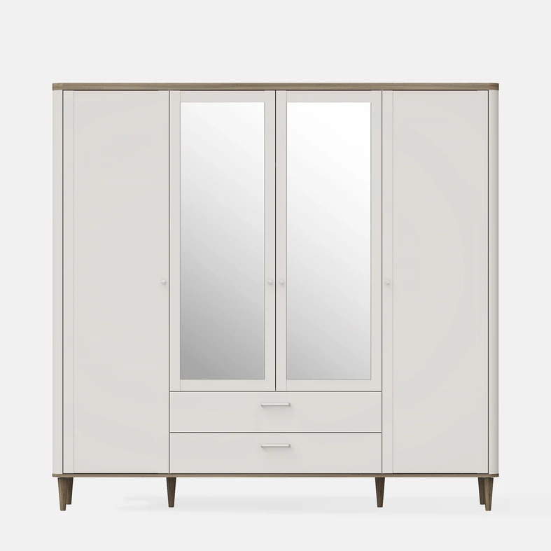Beżowa szafa 4-drzwiowa z elementami w kolorze ciepłego drewna z lustrami na środkowych frontach