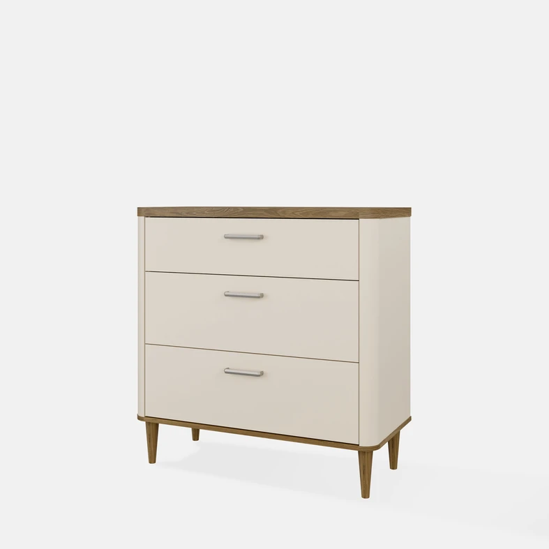 Beżowa komoda z szufladami, z blatem i nóżkami w kolorze ciepłego drewna - widok z ukosa