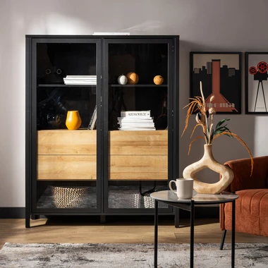 Skleněná vitrína se zásuvkami v industriálním stylu HIGH ROCK