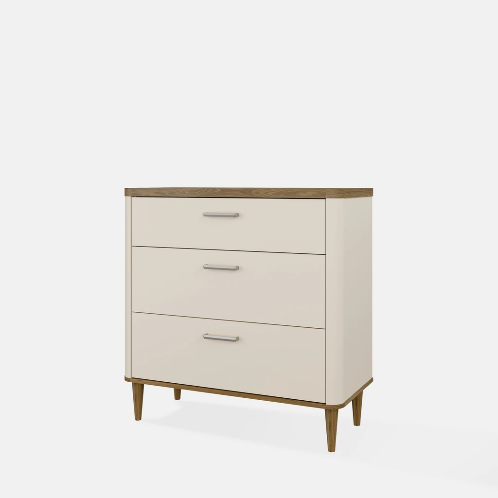 Beżowa komoda z szufladami, z blatem i nóżkami w kolorze ciepłego drewna - widok z ukosa