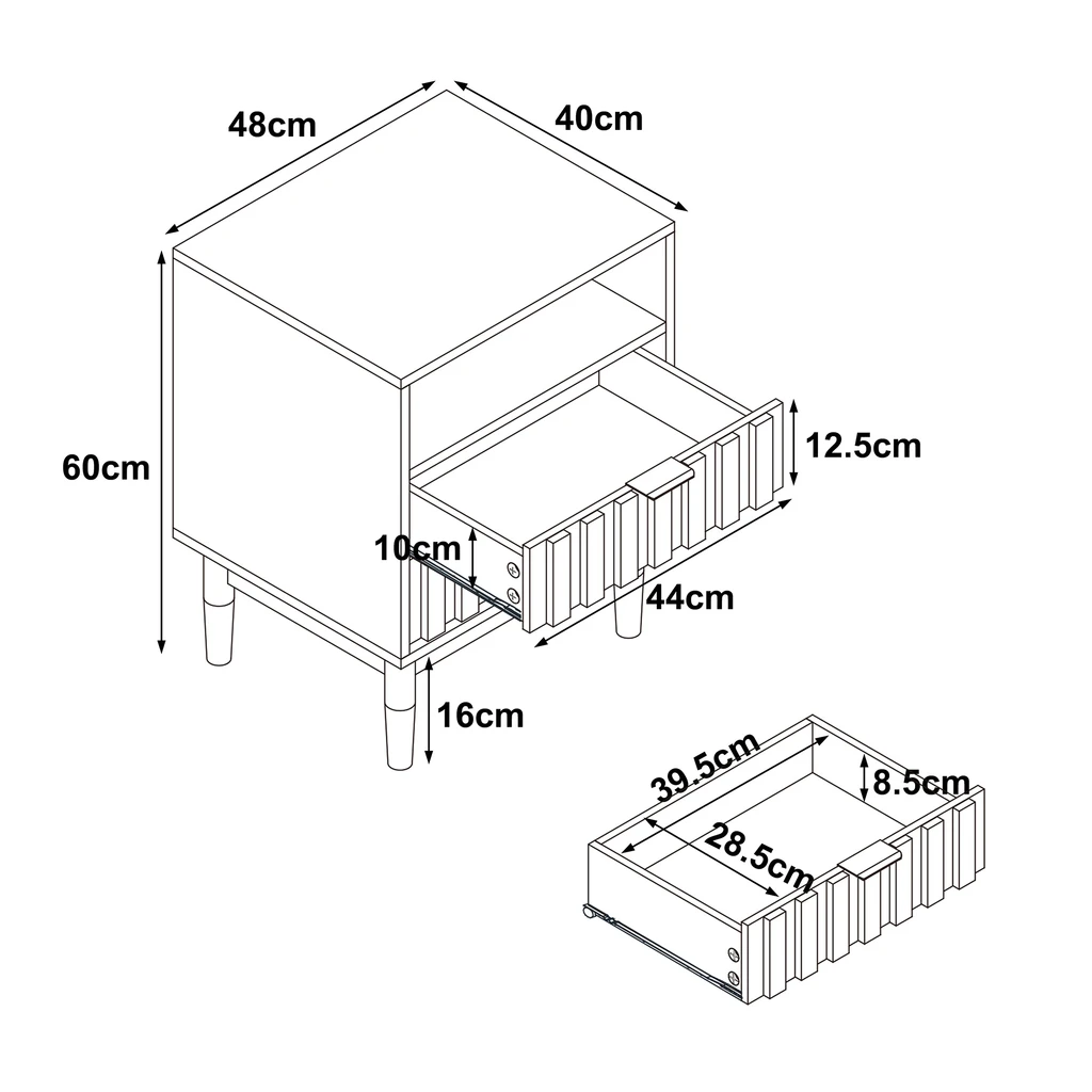 Rysunek techniczny z podanymi wybranymi wymiarami mebla