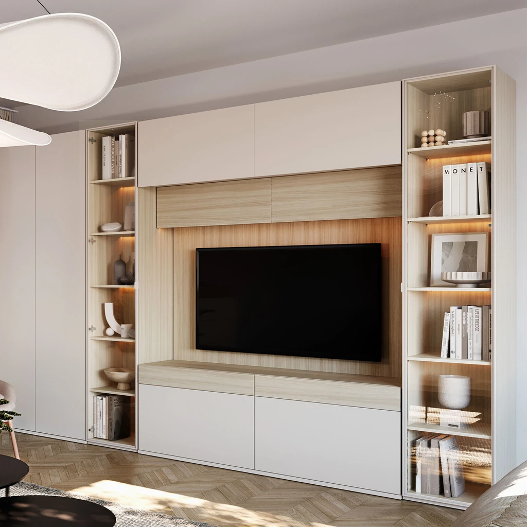 Aranżacja salonu z regałem o szerokości 46 cm