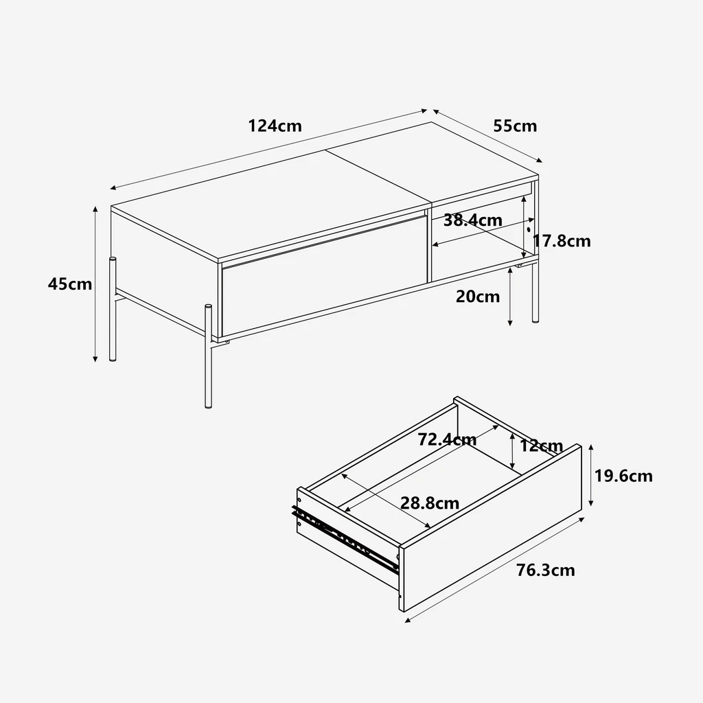 Rysunek techniczny z podanymi wybranymi wymiarami mebla
