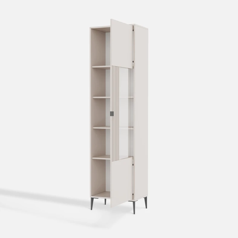 Witryna wysoka 215 cm INERTIA kaszmir Smukła witryna z przeszkleniem i metalowymi nóżkami – lekka forma i dużo miejsca na przechowywanie.