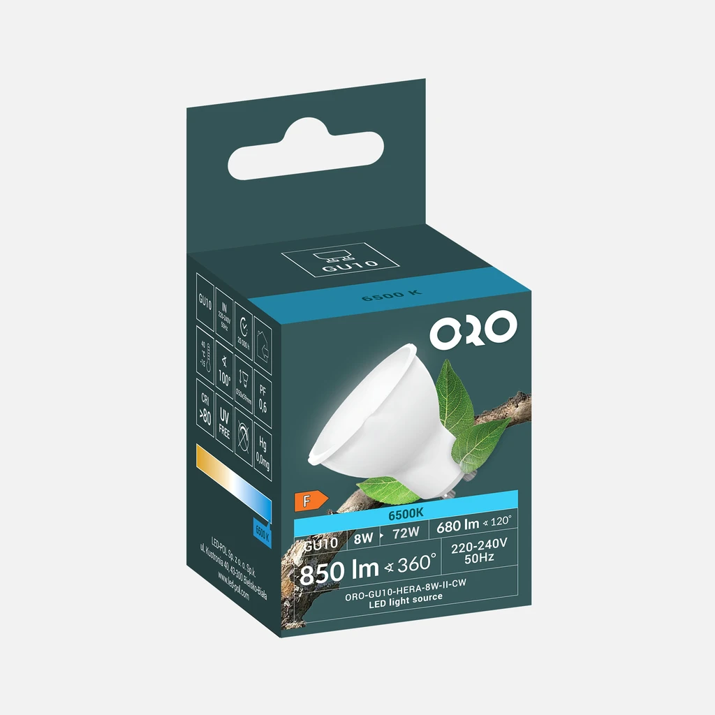 LED žárovka GU10 8 W studená ORO-GU10-HERA-8 W-II-BZ