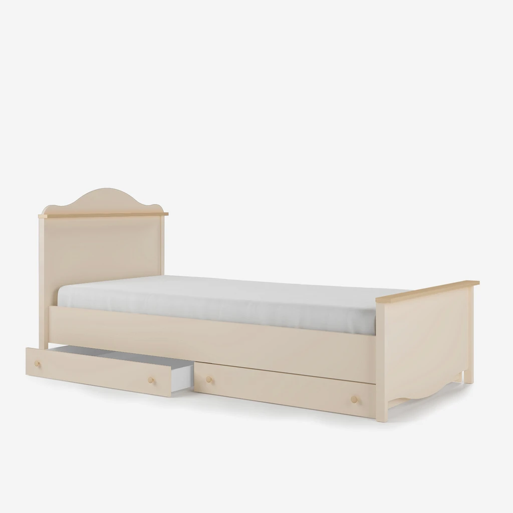 Beżowe łóżko dziecięce z ozdobnym wezgłowiem, 2 szufladami oraz materacem.