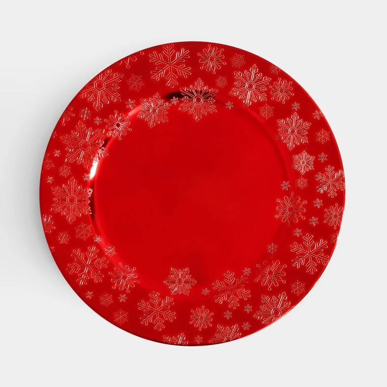 Dekorační talíř podtalíř červený se sněhovými vločkami 33 cm
