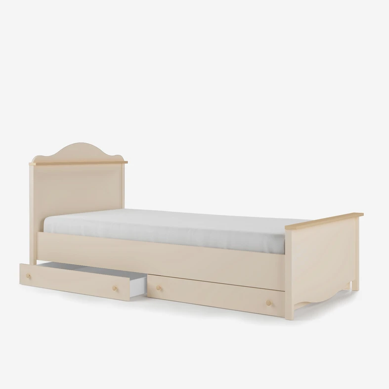 Beżowe łóżko dziecięce z ozdobnym wezgłowiem, 2 szufladami oraz materacem.