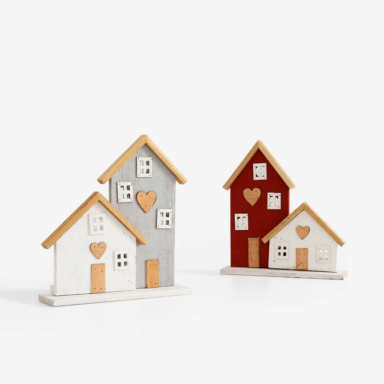 Dekorace LED dřevěné domky 28 cm MIX