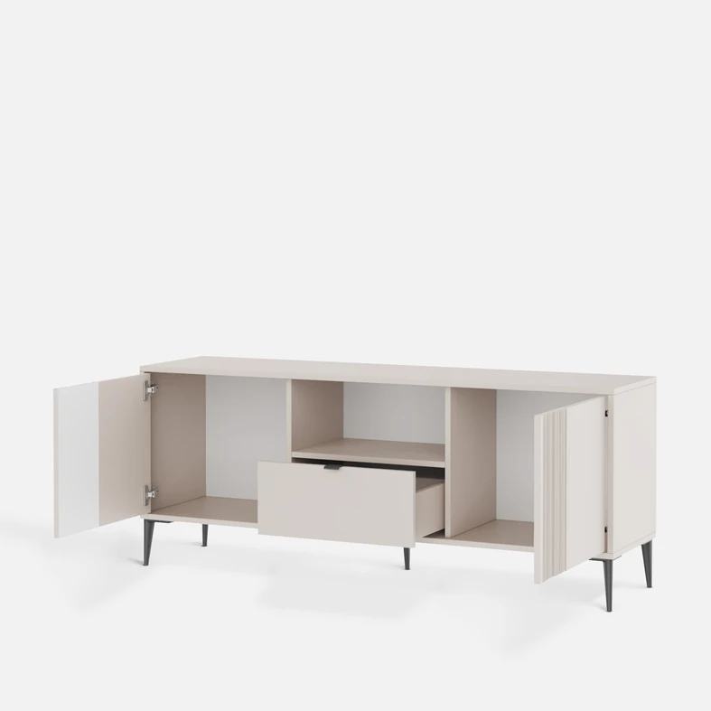 Jasna szafka RTV z dużym blatem – miejsce na telewizor, dekoracje i praktyczne przechowywanie.