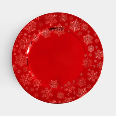 Dekorační talíř podtalíř červený se sněhovými vločkami 33 cm