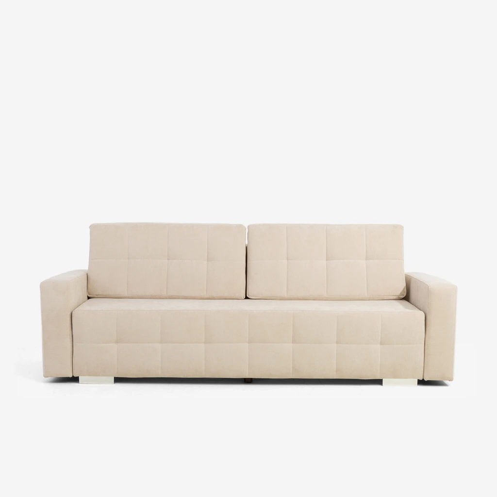 Sofa LILI – miękka, beżowa tkanina i funkcja rozkładania zapewniają wygodę na dzień i noc.