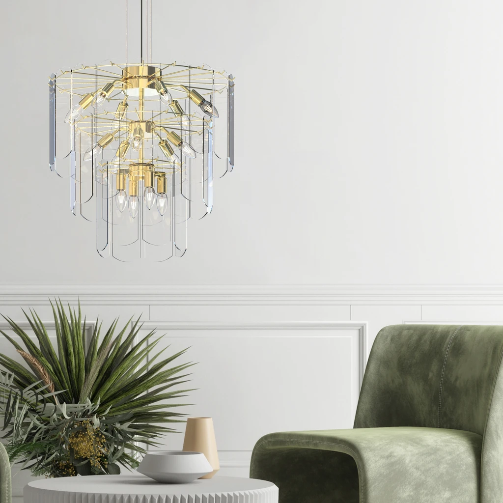 Lampa NIRA posiada okrągłą podstawę i złoty stelaż. Jej średnica to 56 cm.