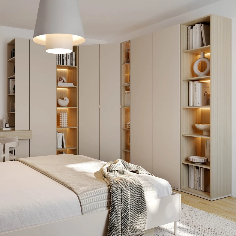 Aranżacja wąskiego regału w sypialni w zabudowie szaf