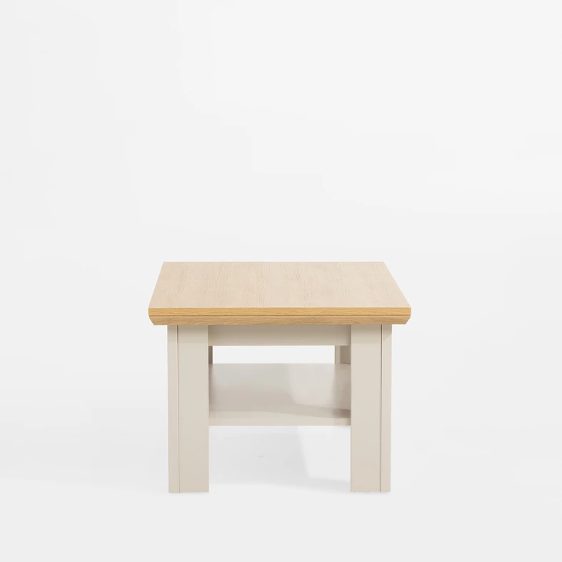 Kaszmirowy stolik prostokątny, z blatem w kolorze drewna - bok