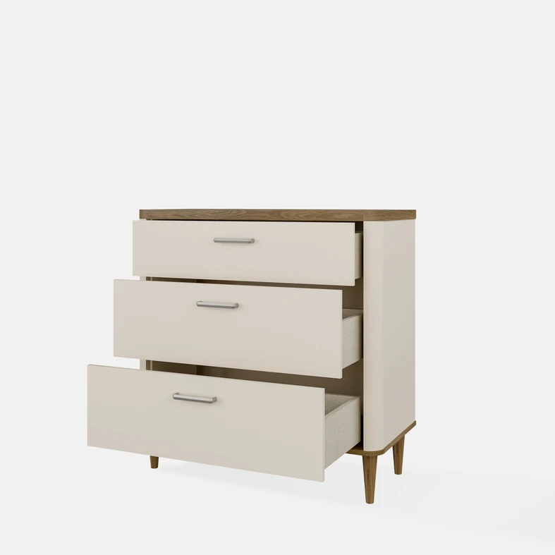 Beżowa komoda z otwartymi szufladami