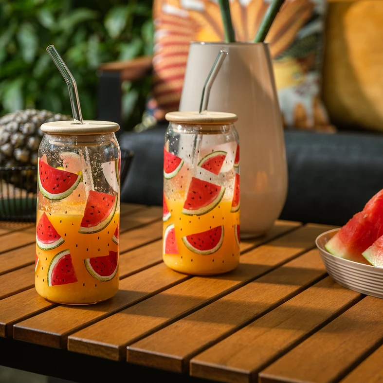 Sklenice s bambusovým víčkem a brčkem MELOUNY 500 ml