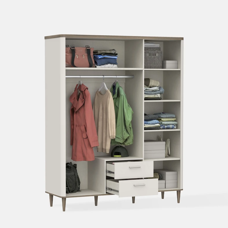 Otwarta szafa wypełniona ubraniami