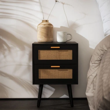 Černý noční stolek s pleteninou CROSSE