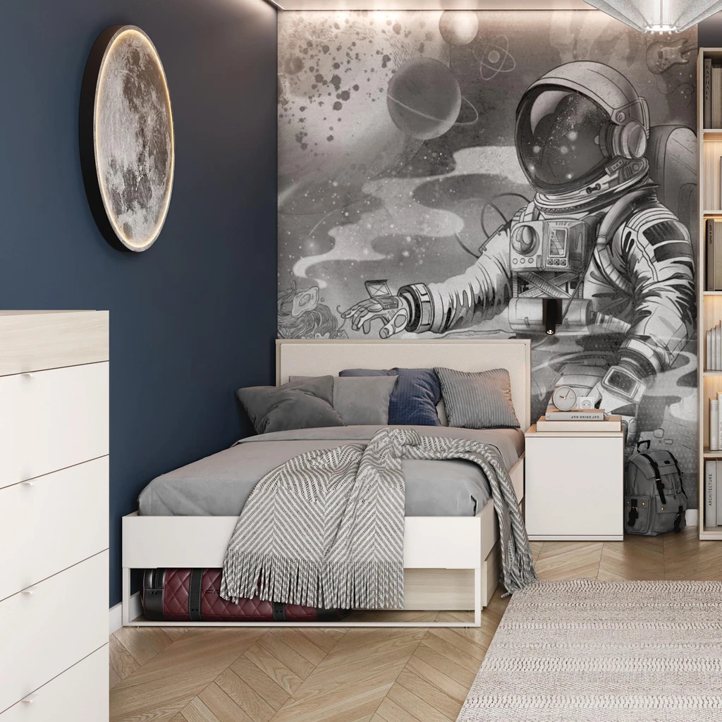 Aranżacja nowoczesnego pokoju młodzieżowego z astronautą.