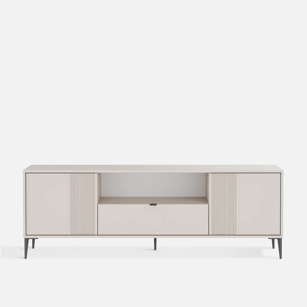 Szafka RTV INERTIA w kolorze kaszmiru – z szufladą, wnęką i dwoma frontami, które pomagają utrzymać porządek.