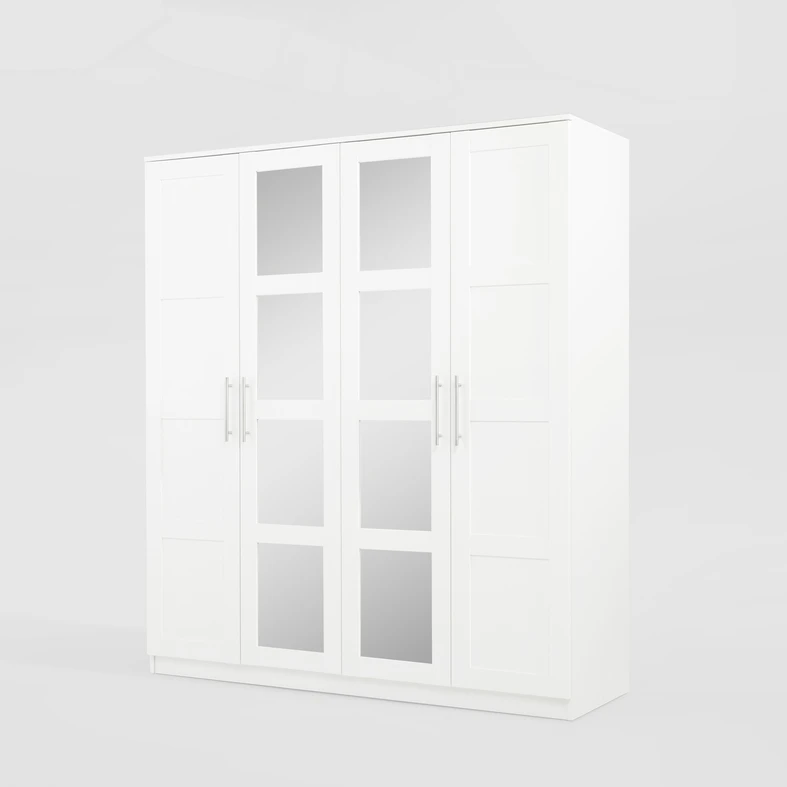 Biała szafa 4-drzwiowa z frontami przypominającymi ramki.N środkowych frontach są lustra