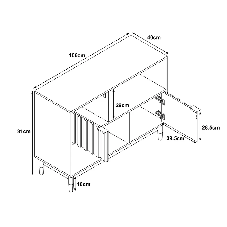 Rysunek techniczny z wybranymi wymiarami mebla