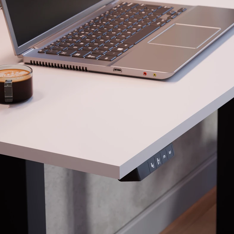 Elektryczna regulacja 75–120 cm pozwala łatwo zmieniać pozycję w trakcie pracy lub nauki.