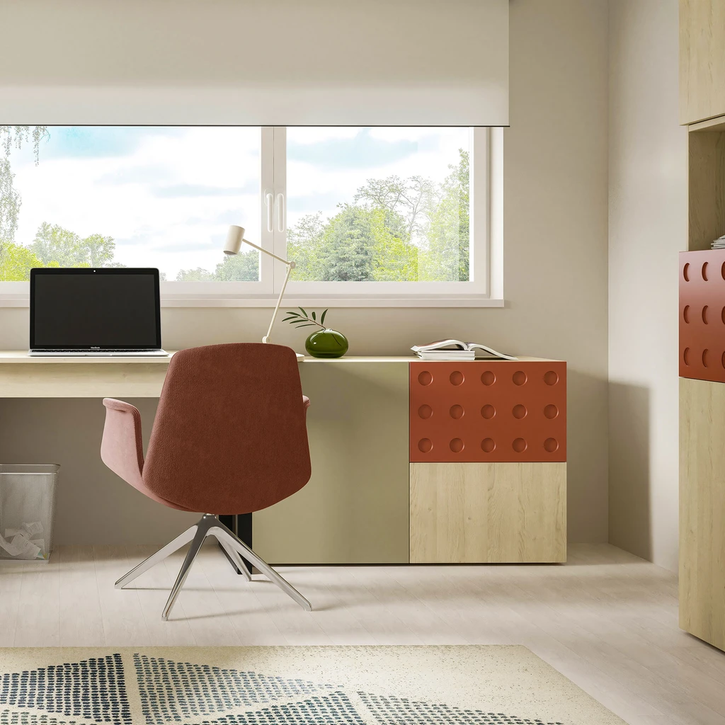 Aranżacja domowego biura z komodą z kolorowymi frontami